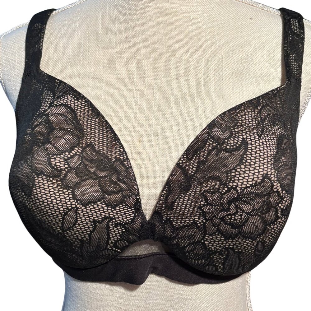 Romantic Cacique Lane Bryant 42D Black Lace Plunge Underwire Bra Plus Size